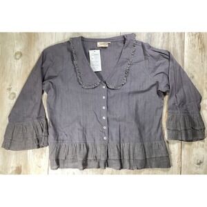 Paper Lace Grey Cotton Ruffle Peter Pan Collar Blouse XL HNC-0129 Cottagecore